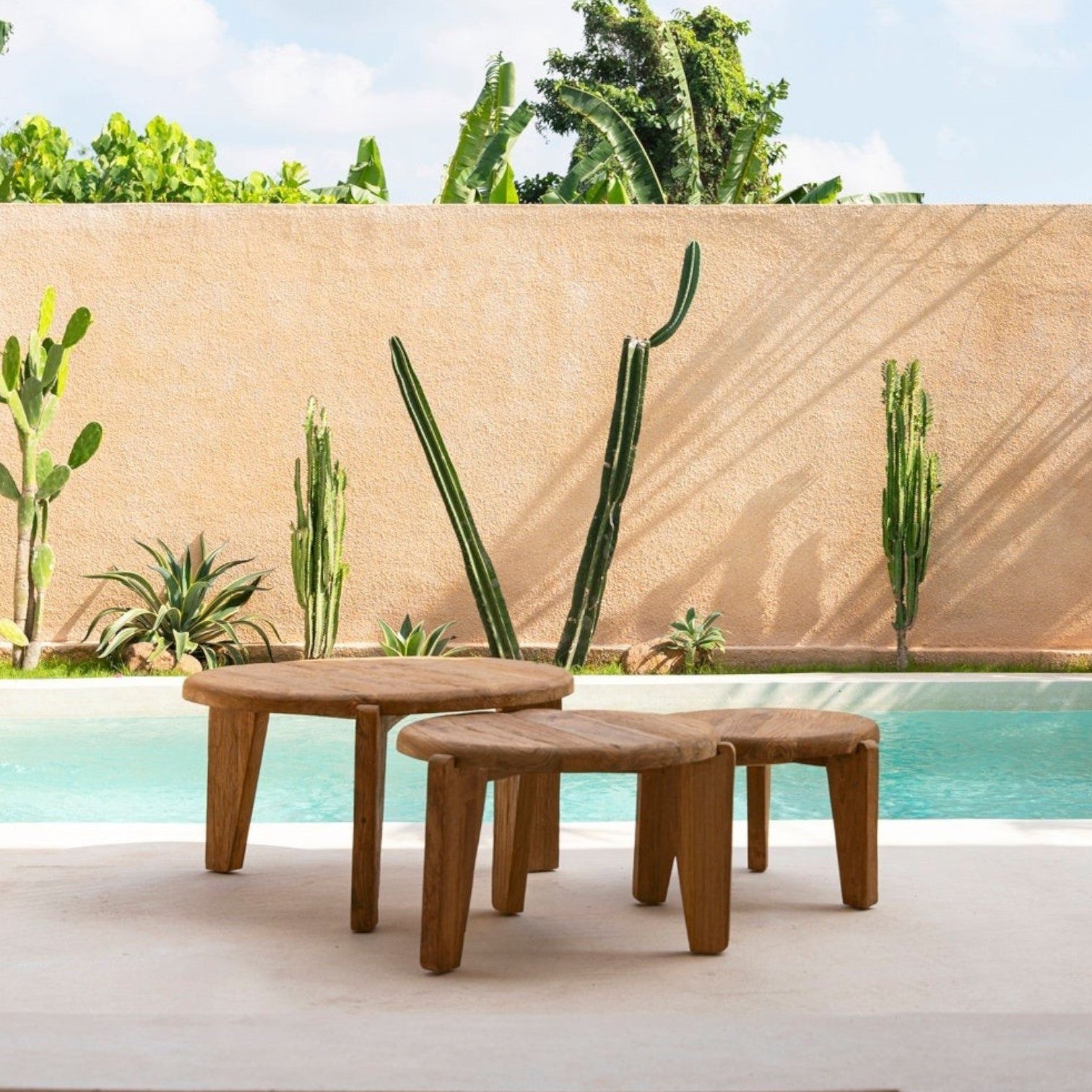 Kayu Living Wabi Sabi reclaimed teak coffee table, three-legged, natural finish, rustic design.