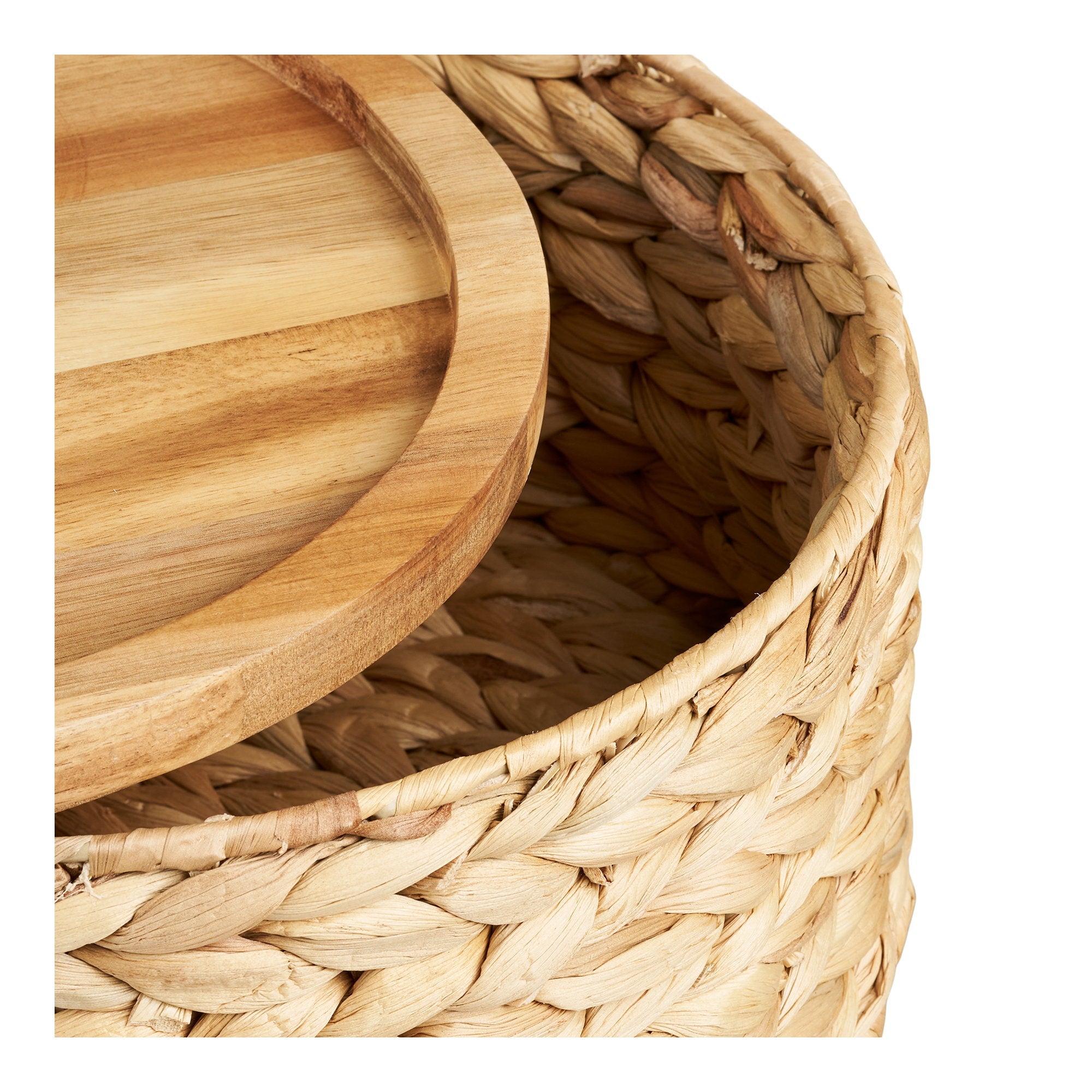 Kayu Living Botofte natural water hyacinth woven basket with a round wooden lid, close-up view.