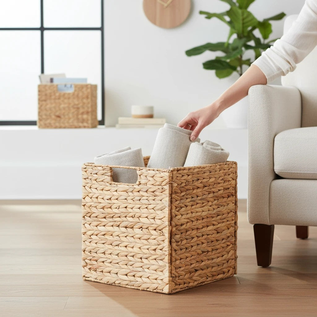 Kayu Living Passo square foldable basket made of natural water hyacinth holding folded blankets in a bright room