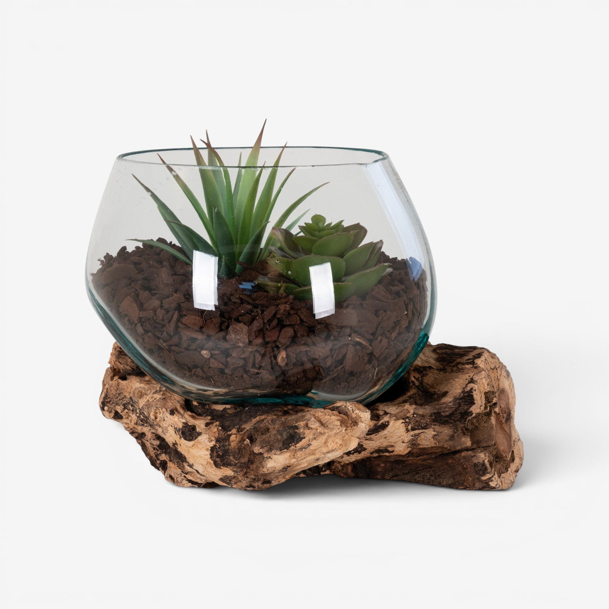 Kayu Living waterdrop vase in natural teak and glass with faux succulents. 15x15x15cm.