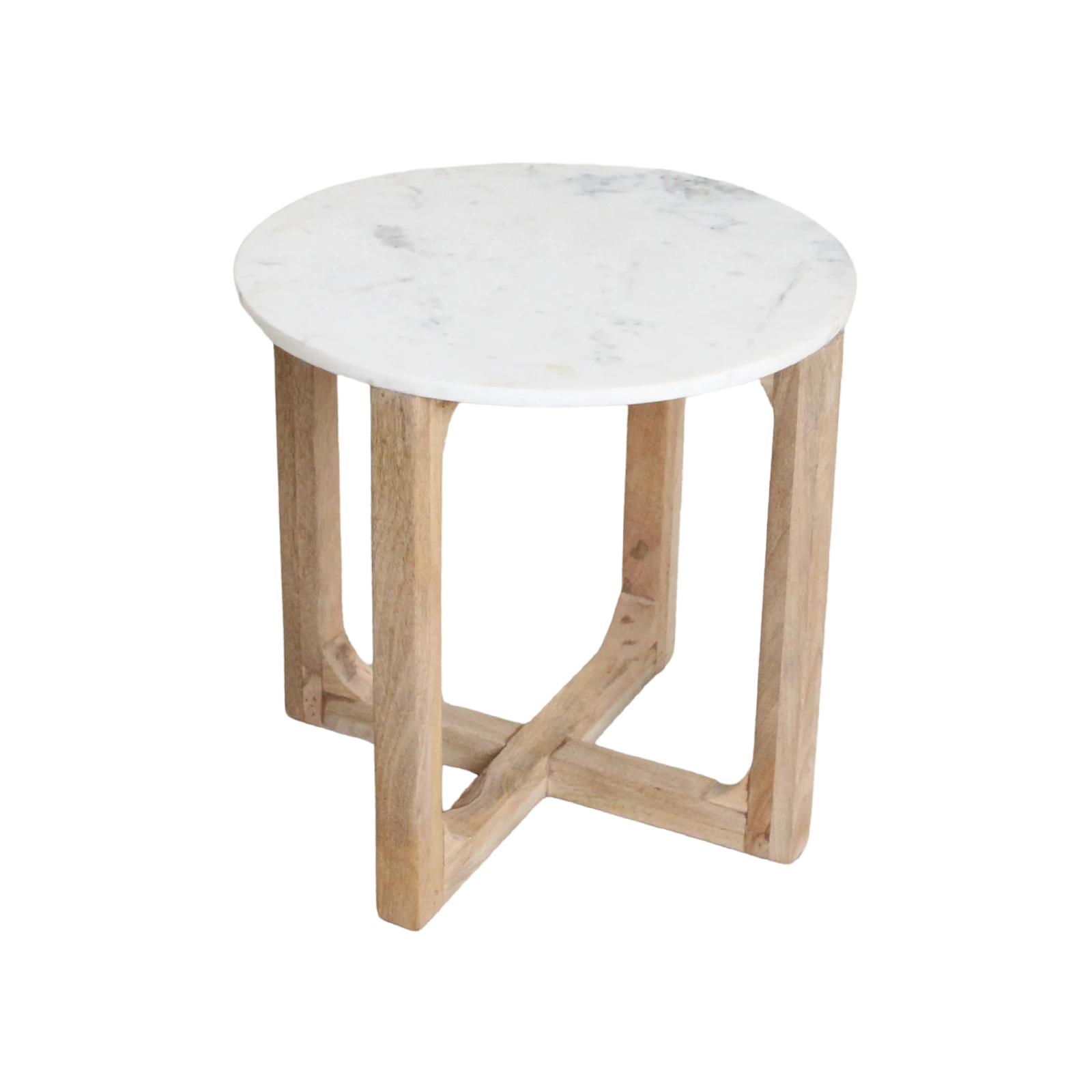 Kayu Living white marble round side table with a natural solid mango wood cross-shaped base