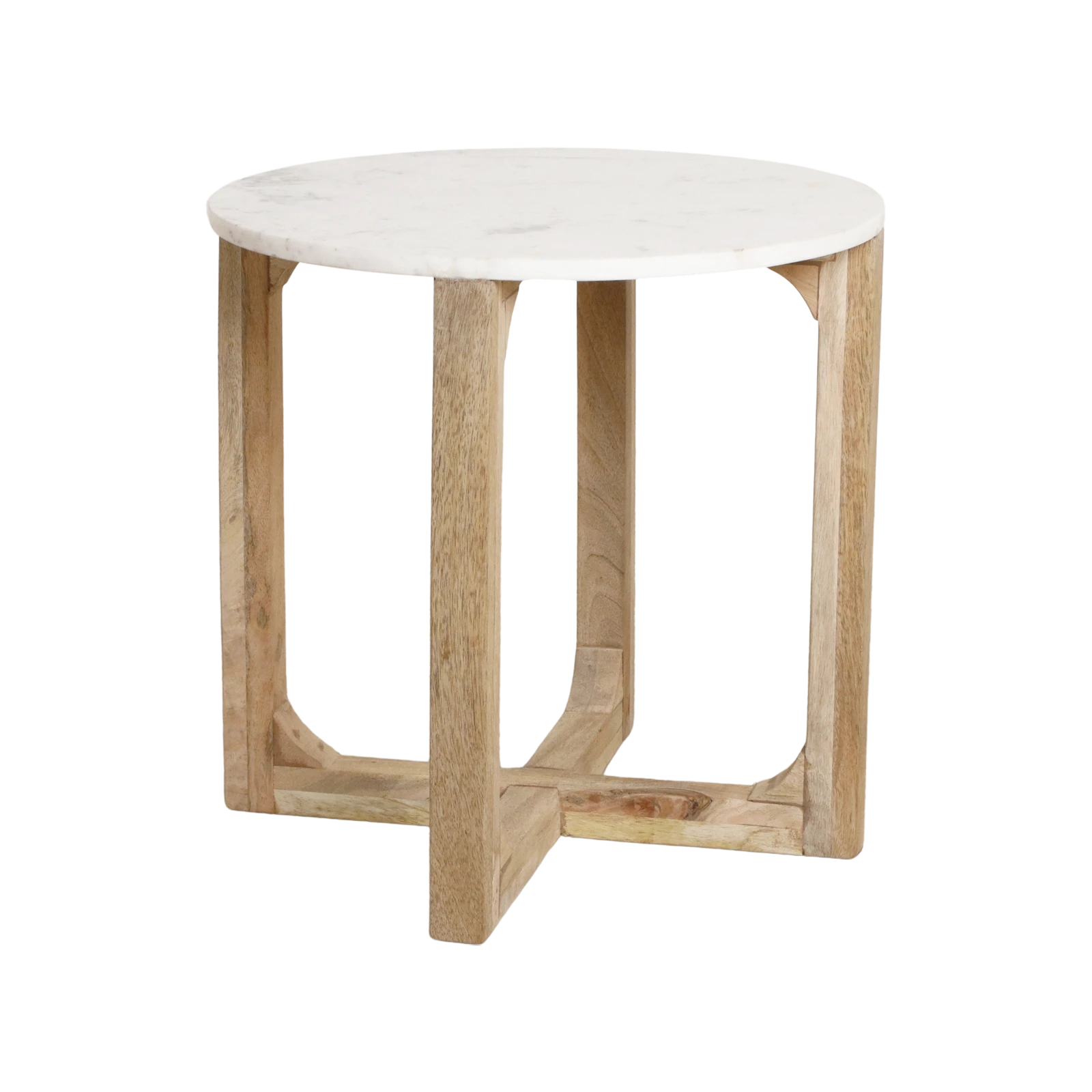 Kayu Living white marble side table with a round top and a natural solid mango wood cross-shaped base.