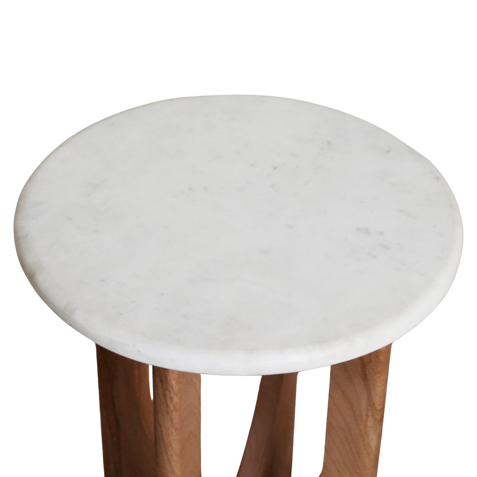 Kayu Living Kuching white marble side table with a round top and warm mango wood arched base against a black background