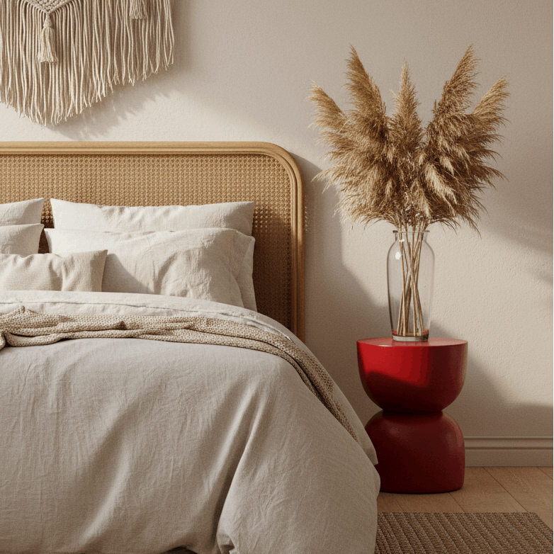 Neatly made bed with beige bedding and white pillows, wall hanging above, and decorative vase on a red side table.