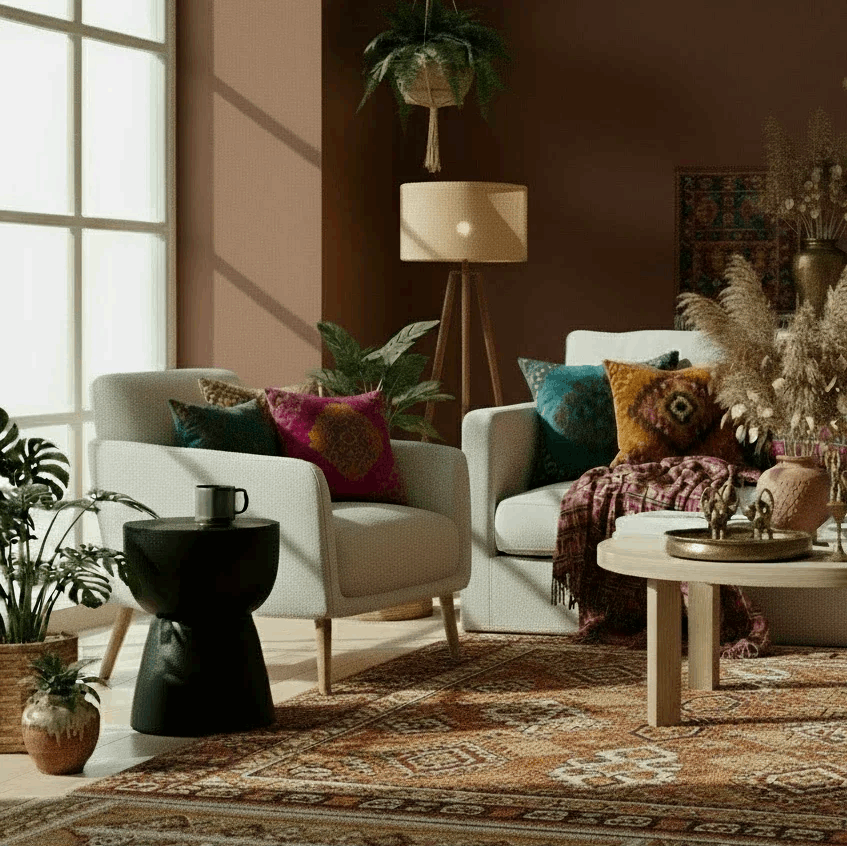 Handmade Kayu Living armchairs with colorful pillows, natural decor and wooden coffee table