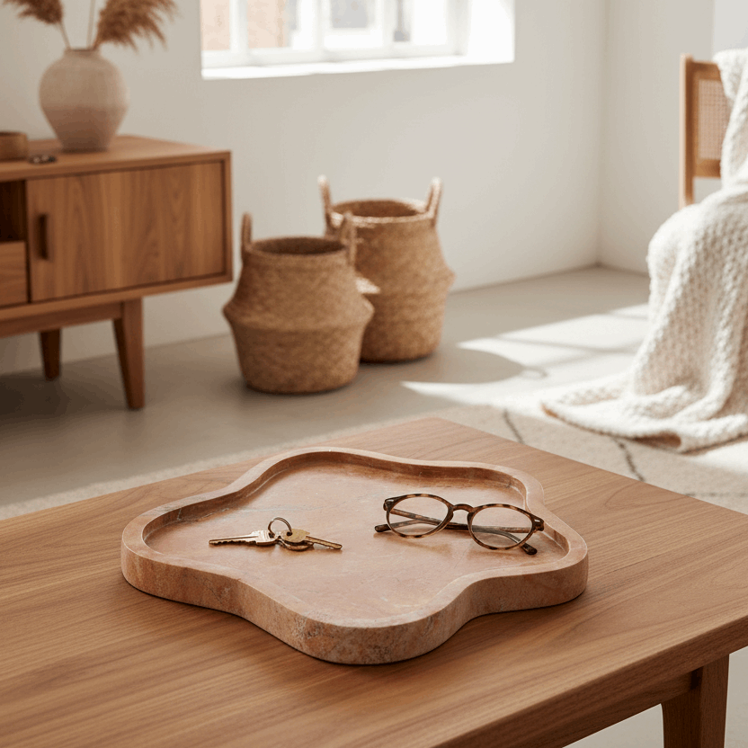 Wooden coffee table with a decorative tray and glasses in a bright living room.