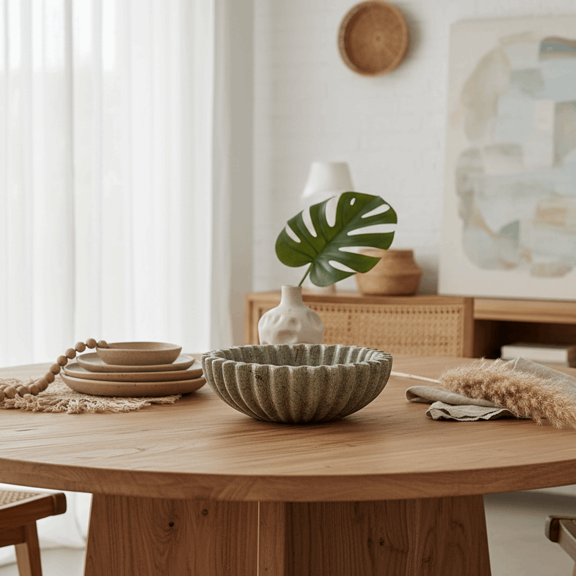Dining room with a round wooden table, chairs, and decorative items.