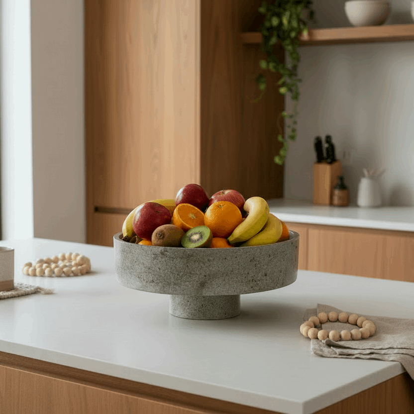 Fruit bowl on a kitchen counter with wooden cabinets and a window in the background