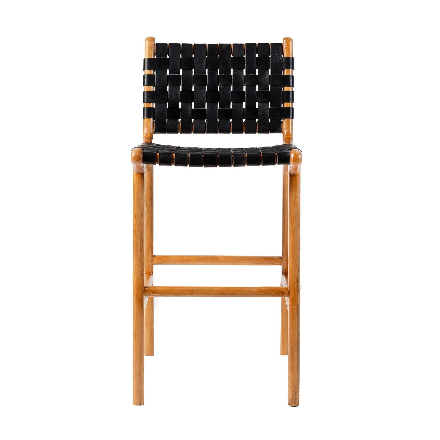 Counter Stool in Solid Teak and Handwoven Leather