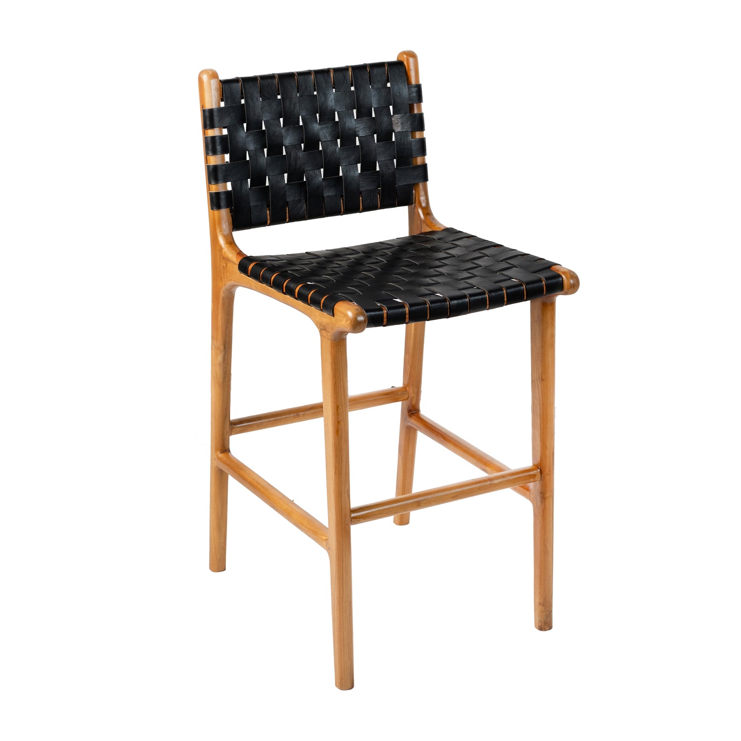 Counter Stool in Solid Teak and Handwoven Leather