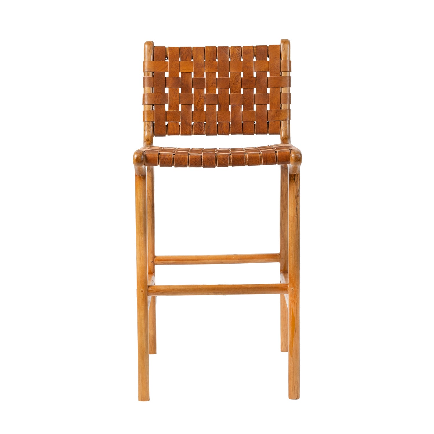 Counter Stool in Solid Teak and Handwoven Leather