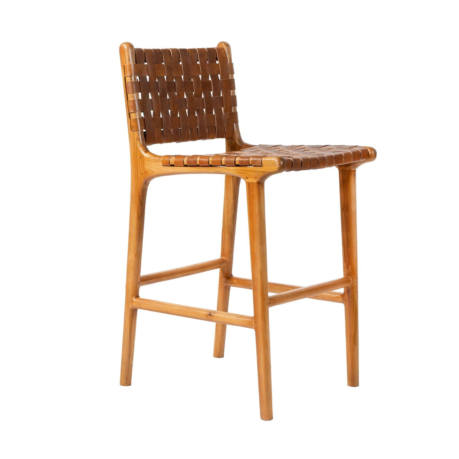 Counter Stool in Solid Teak and Handwoven Leather