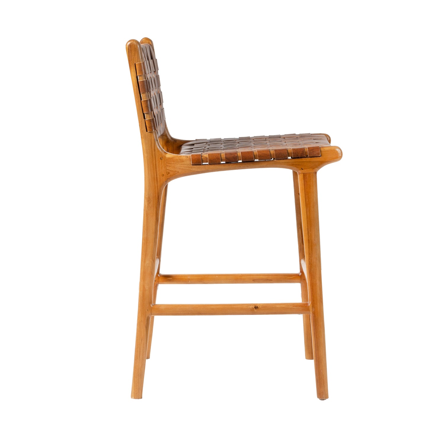 Counter Stool in Solid Teak and Handwoven Leather