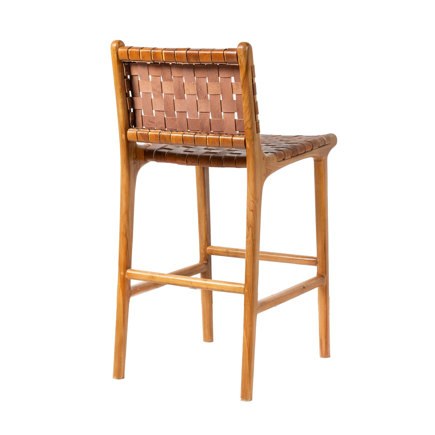 Counter Stool in Solid Teak and Handwoven Leather