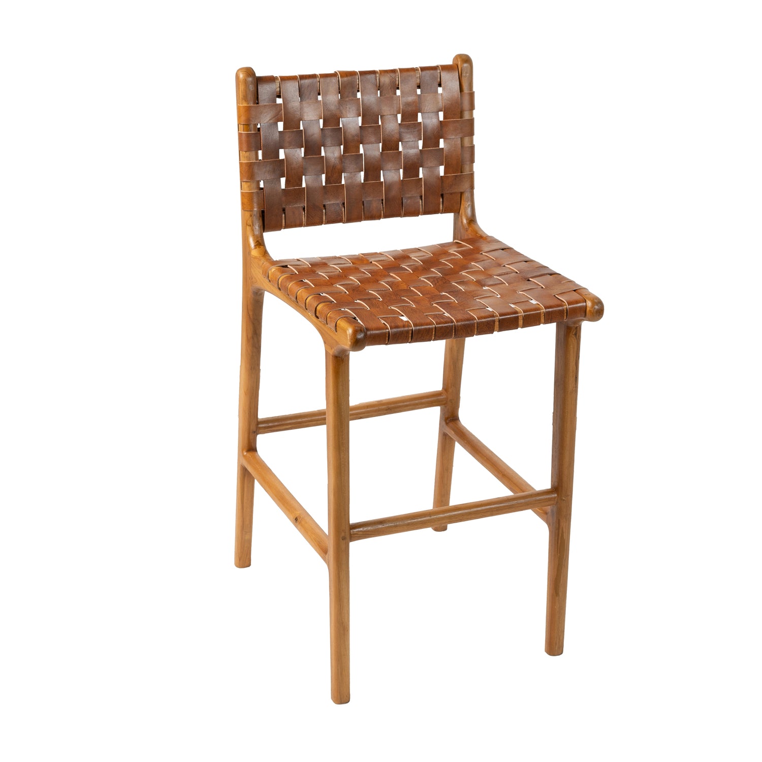 Counter Stool in Solid Teak and Handwoven Leather