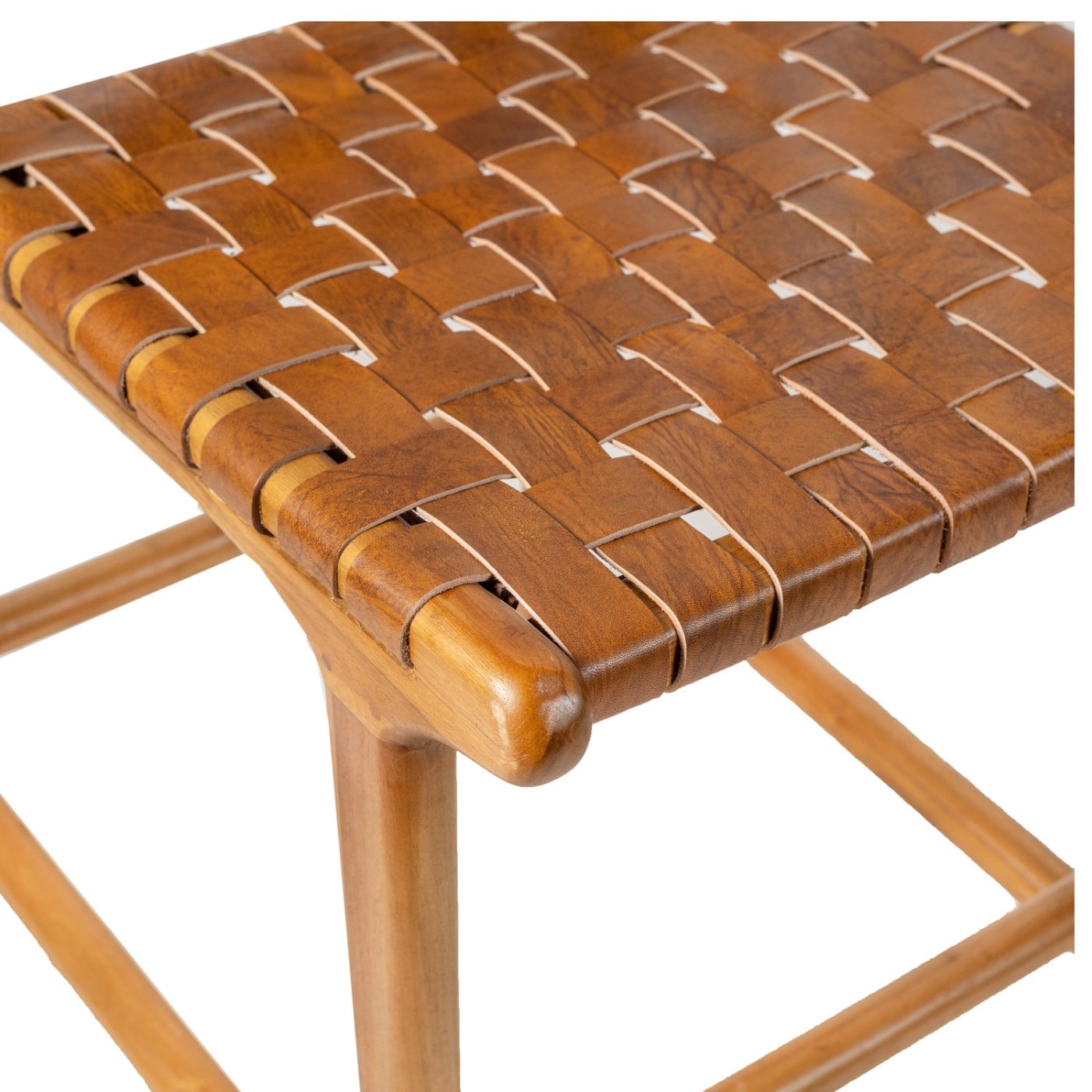 Counter Stool in Solid Teak and Handwoven Leather