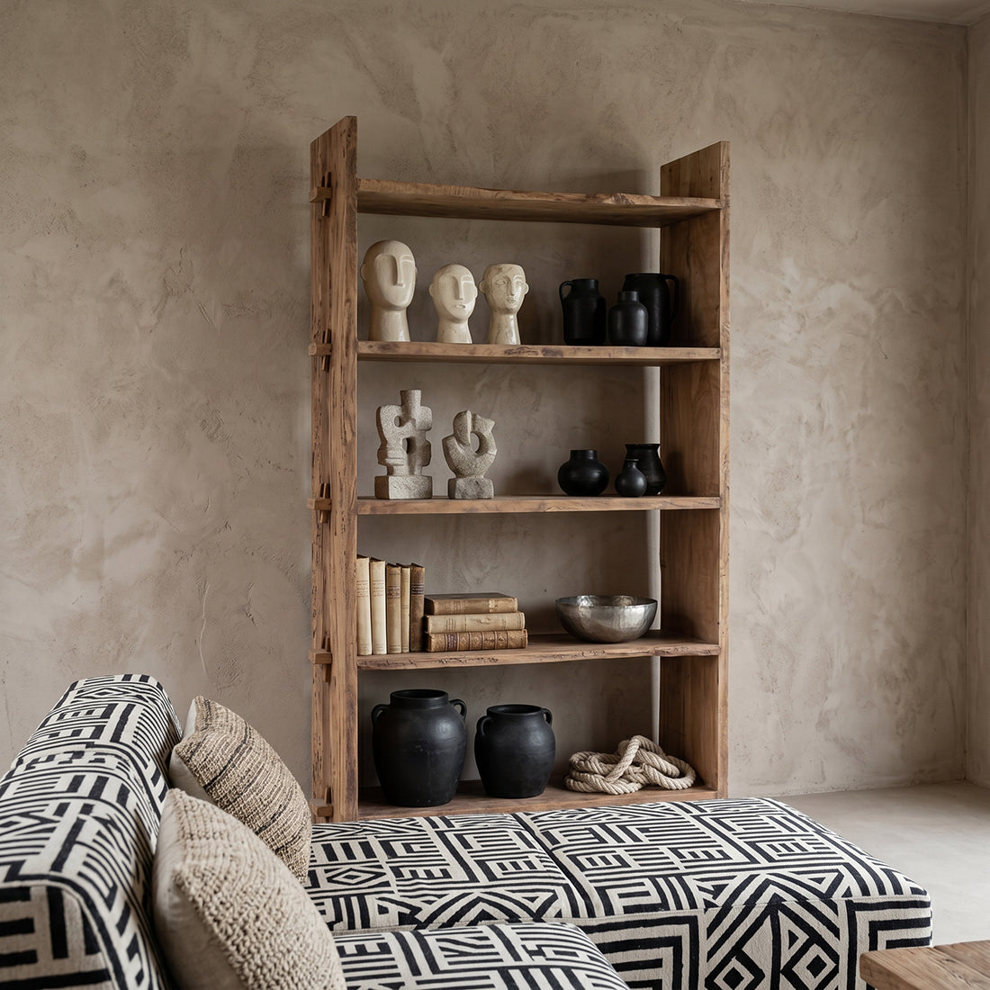 Raw Materials Farmwood storage rack with multiple wooden shelves for organizing and storing household or workshop items.