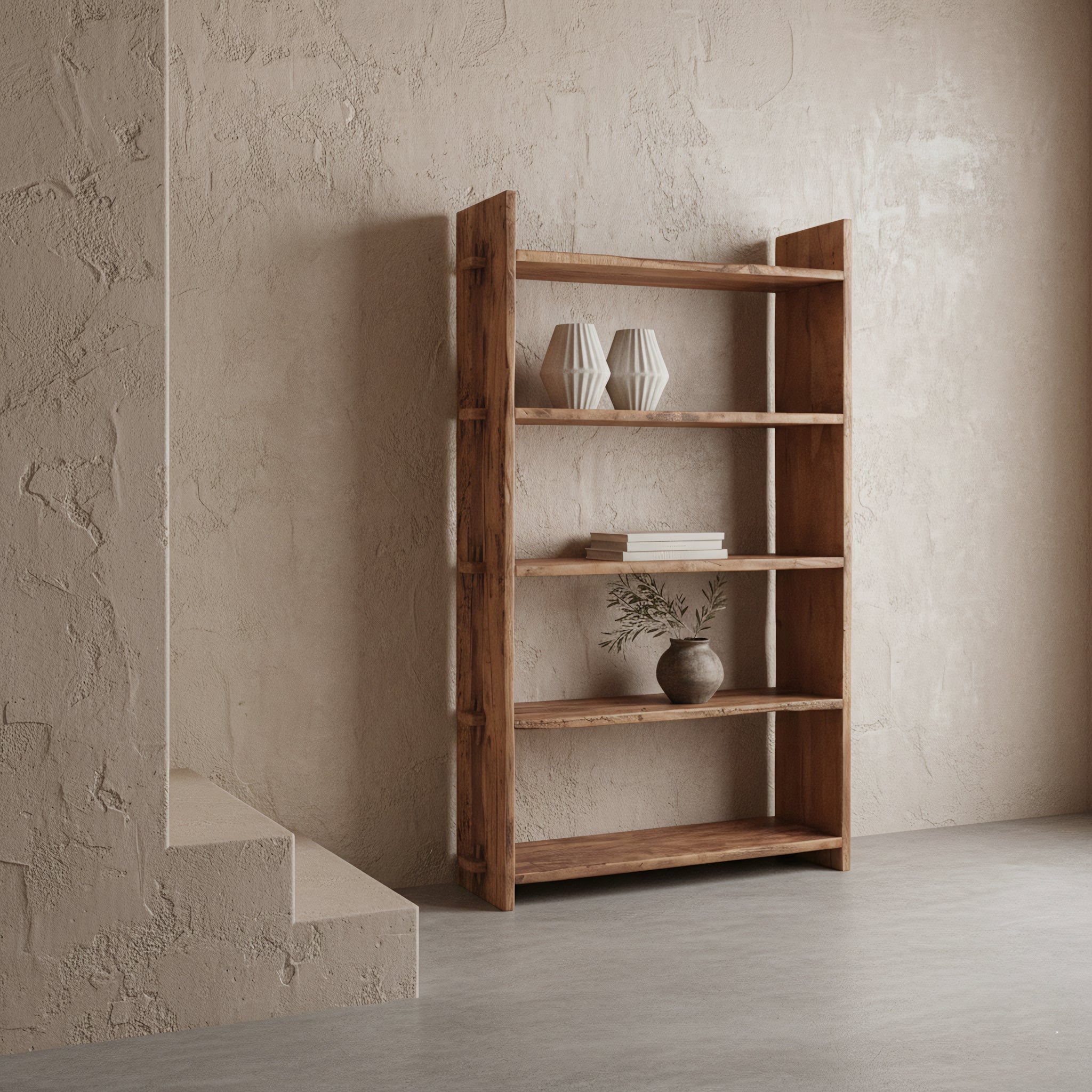 Raw Materials Farmwood storage rack with multiple wooden shelves, ideal for organized home or garage storage solutions.