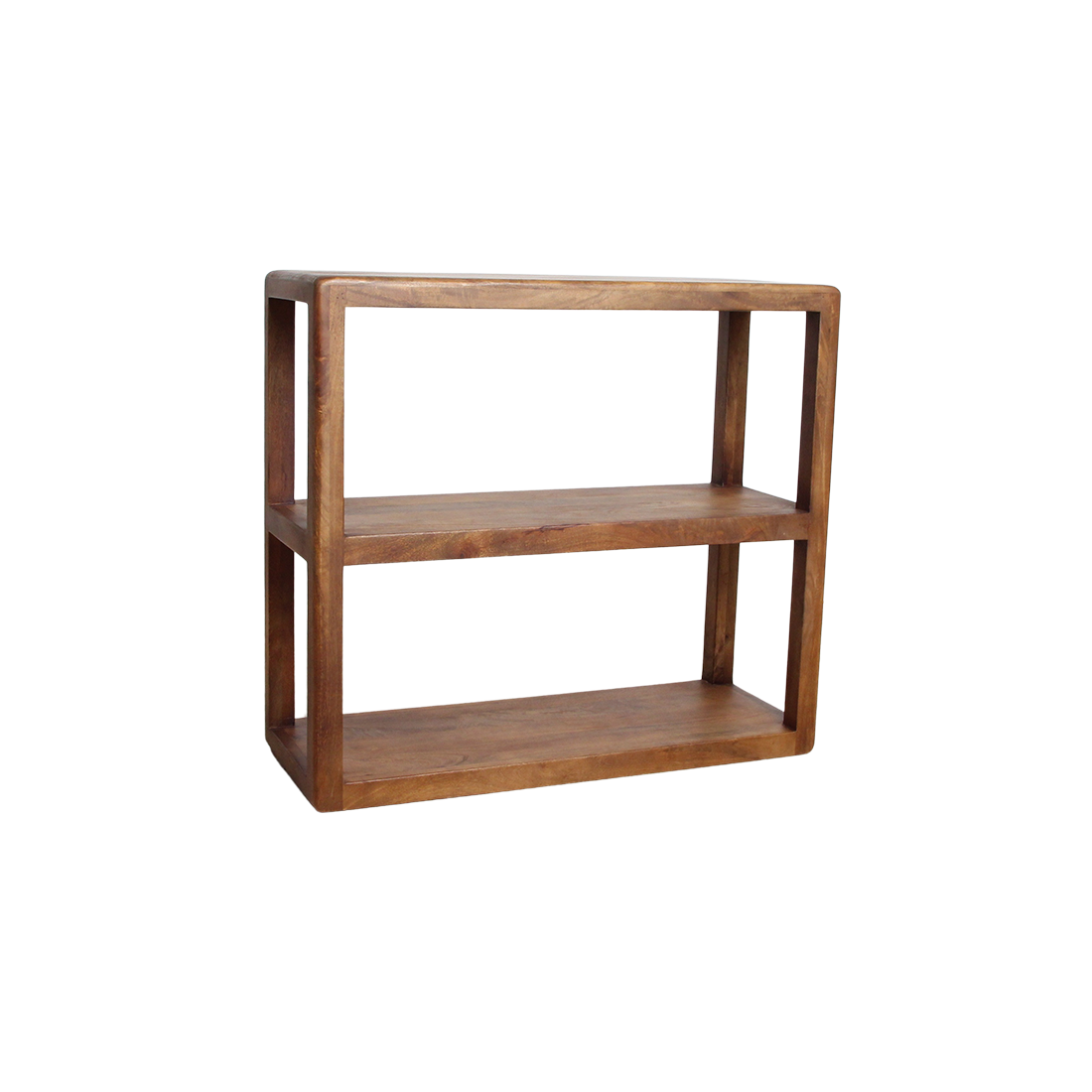 Raw Materials Bullnose mango wood 3-tier storage rack with sleek design and natural finish, ideal for organizing and decor.