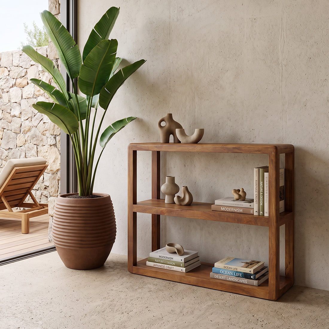 Raw Materials bullnose mango wood 3-tier storage rack showing smooth curved edges and multiple shelves for organization.