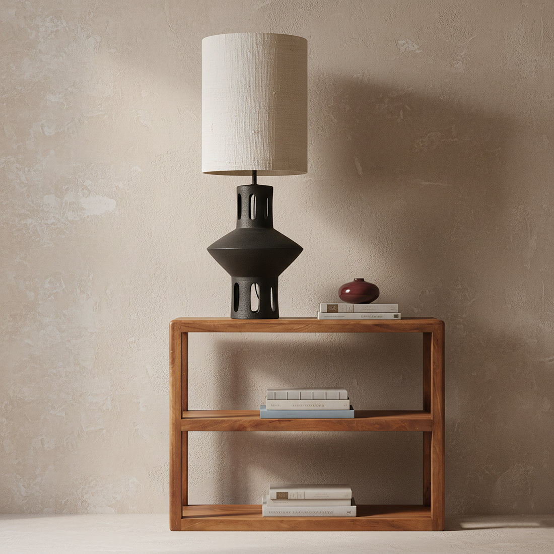 Three-tier Bullnose mango wood storage rack by Raw Materials, showcasing natural wood finish and sturdy construction.
