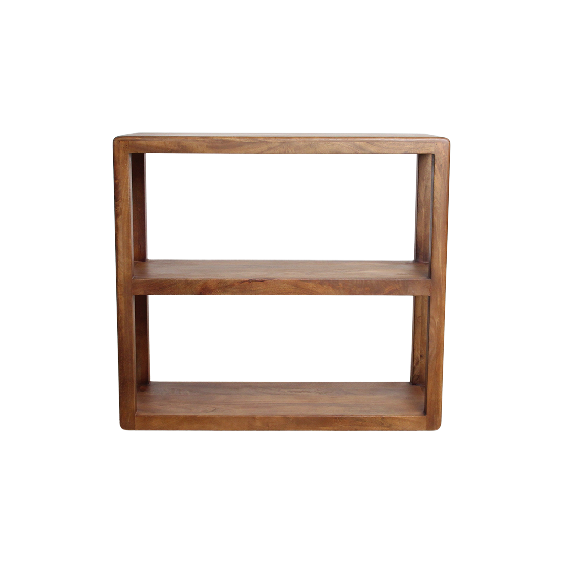 Raw Materials Bullnose mango wood 3-tier storage rack with rounded edges and open shelving for organized display.