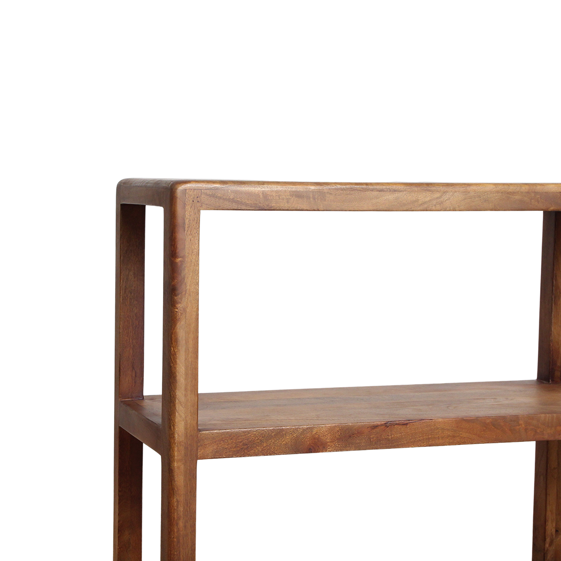 Raw Materials 3-tier bullnose mango wood storage rack with sleek design and natural finish, ideal for organizing space.