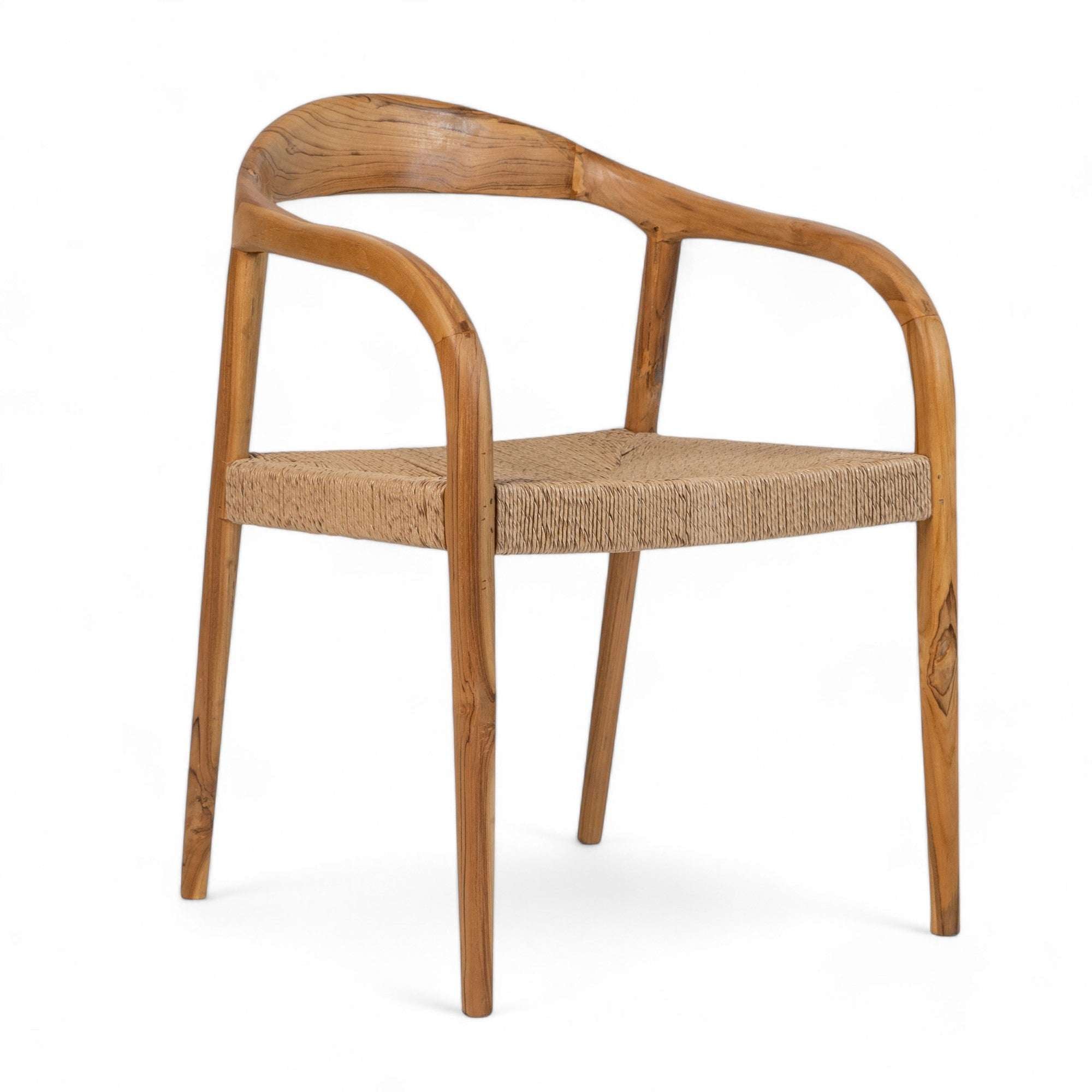 A chair with a teak frame and handwoven rope seat and backrest.