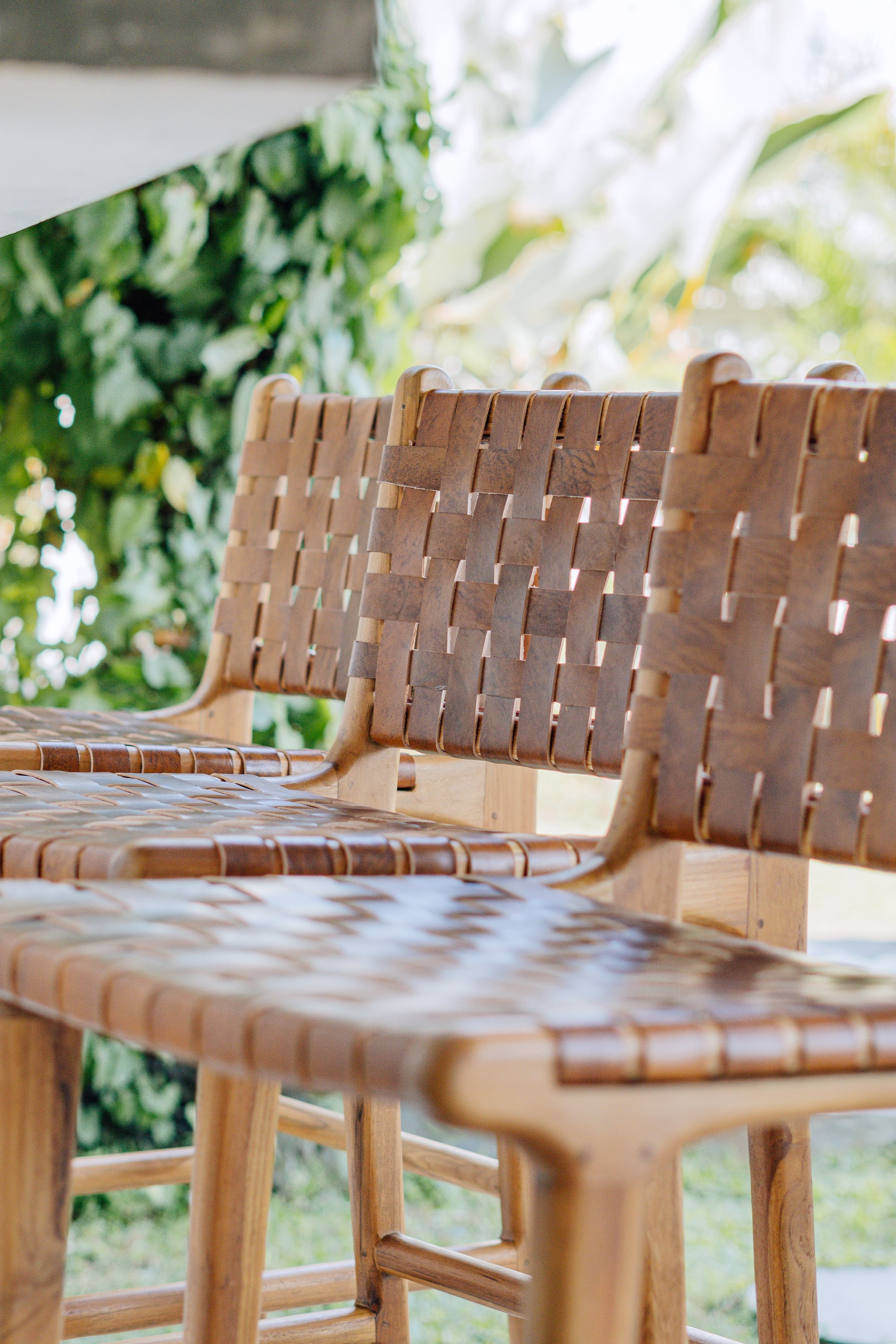 Counter Stool in Solid Teak and Handwoven Leather