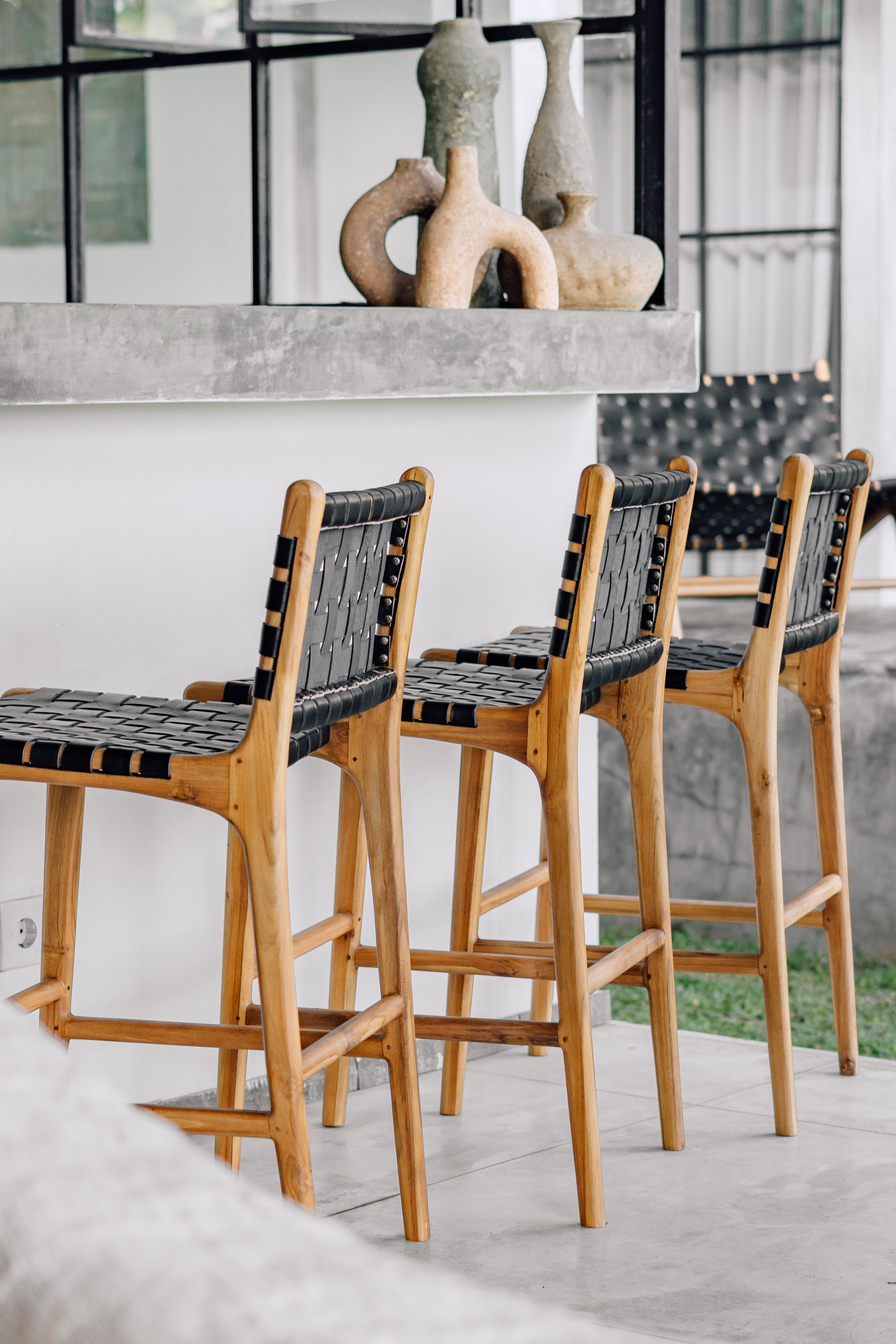 Counter Stool in Solid Teak and Handwoven Leather