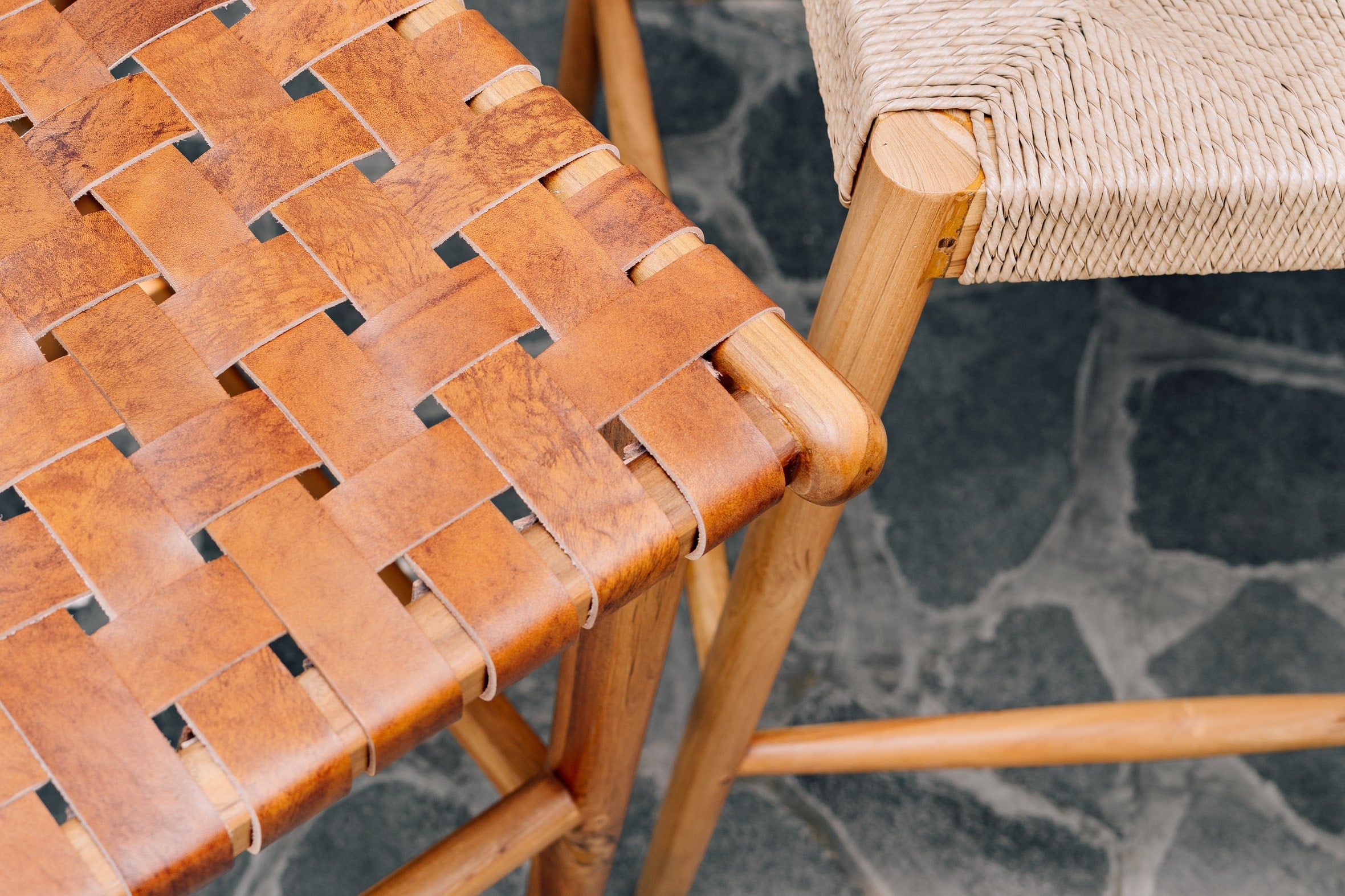 Counter Stool in Solid Teak and Handwoven Leather