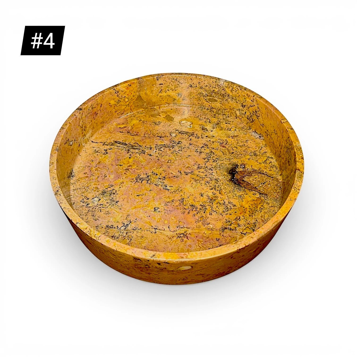 Onyx stone fruit bowl with a 35 cm diameter in caramel color, showcasing smooth, polished surface and elegant round shape.