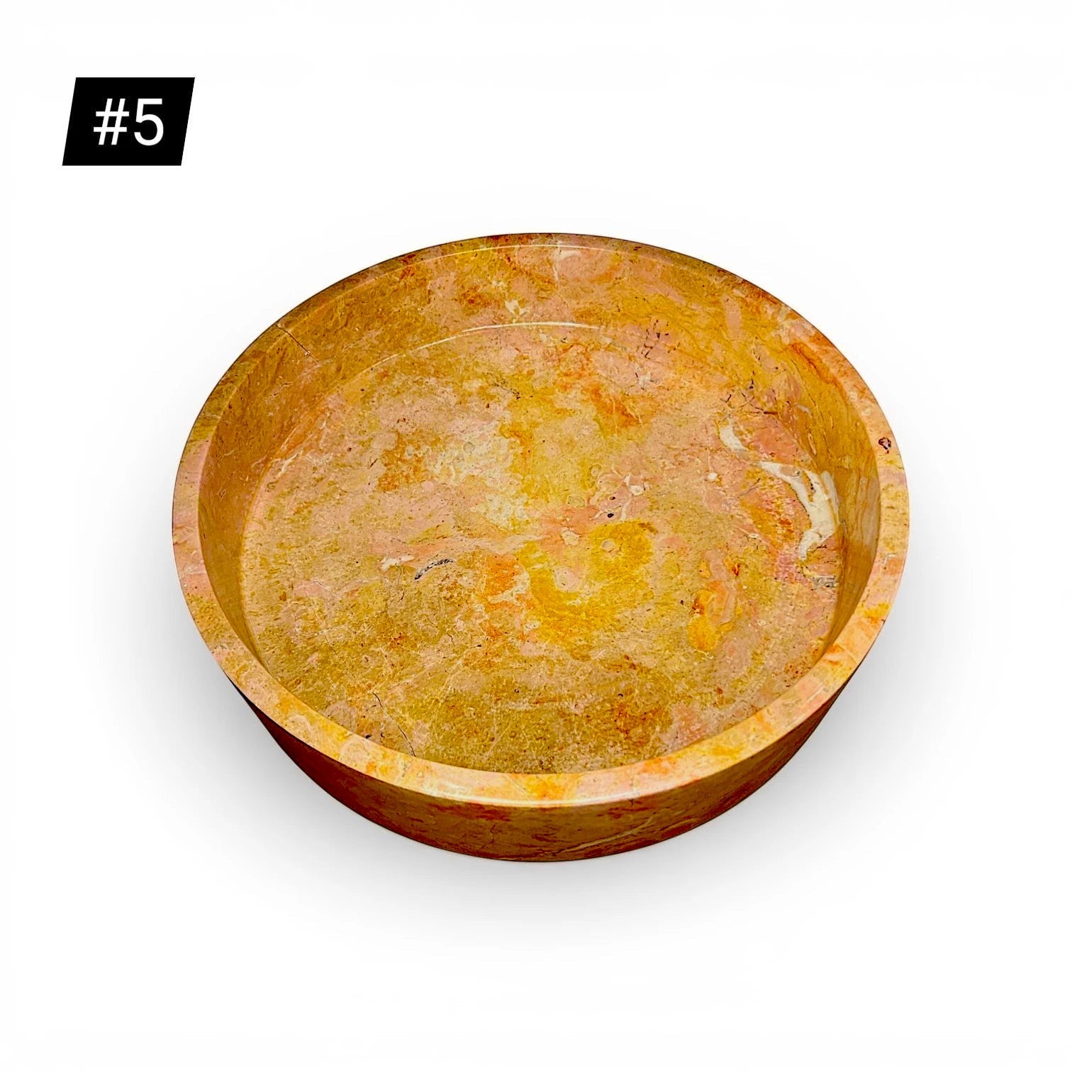 Onyx stone fruit bowl with a 35 cm diameter in caramel color, showcasing a smooth, polished surface and elegant design.