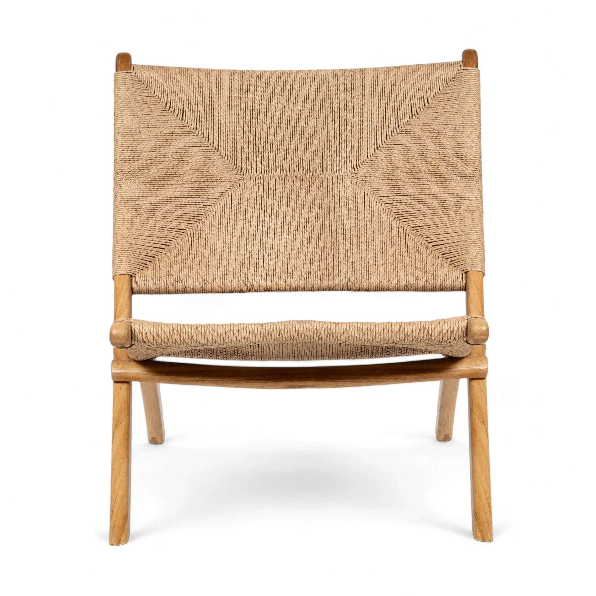 Handcrafted lounge chair with woven rope seat and natural wood frame from Kayu Living