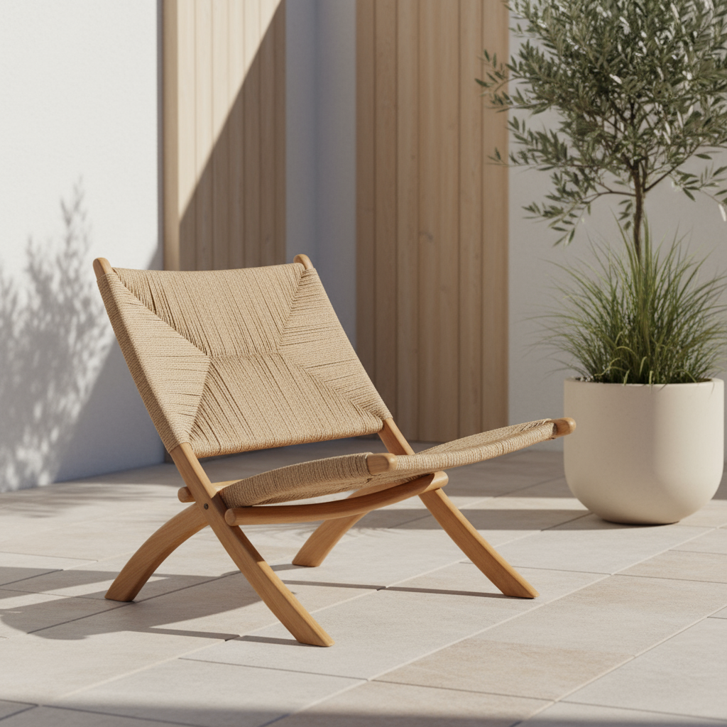 Foldable Lounge Chair 'Cemagi' in Teak and Rope