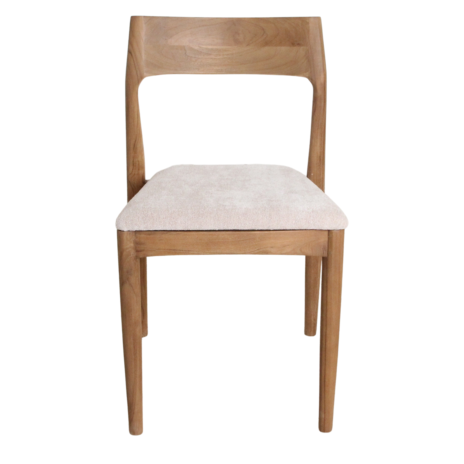 Pair of Raw Materials Freya teak dining chairs in cream with sleek wooden design and modern comfort for dining rooms.
