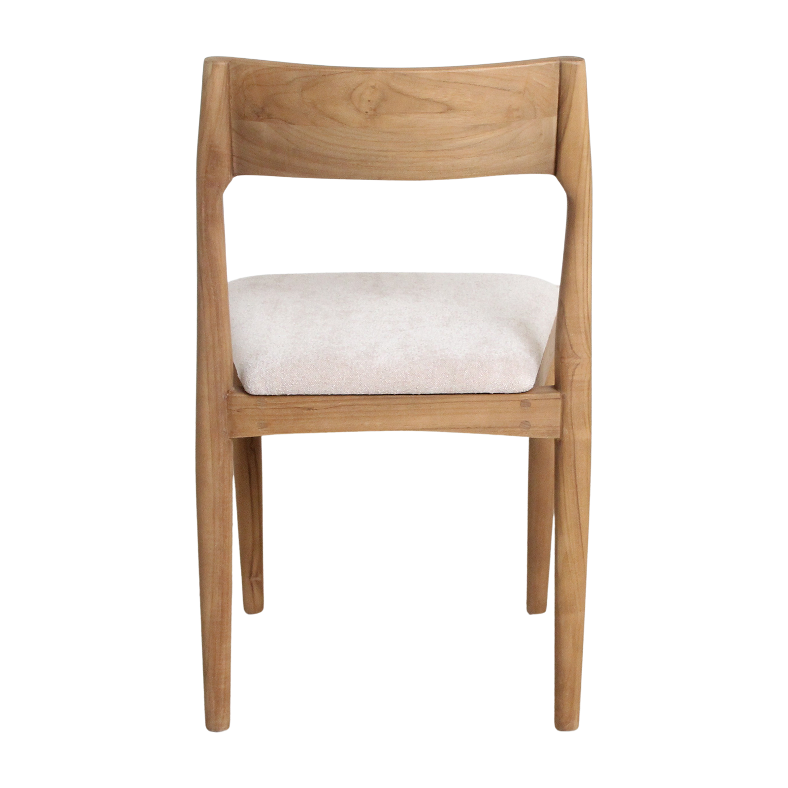 Set of two Freya teak dining chairs in cream by Raw Materials, showcasing sleek modern design and natural wooden finish.