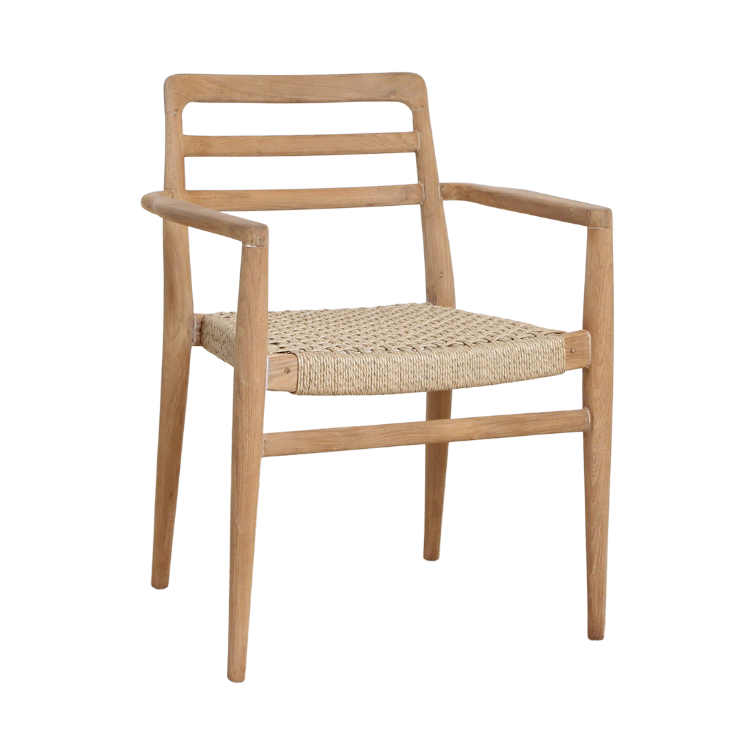 Pair of Raw Materials Verano teak dining chairs with armrests, showcasing durable wood construction and sleek design.