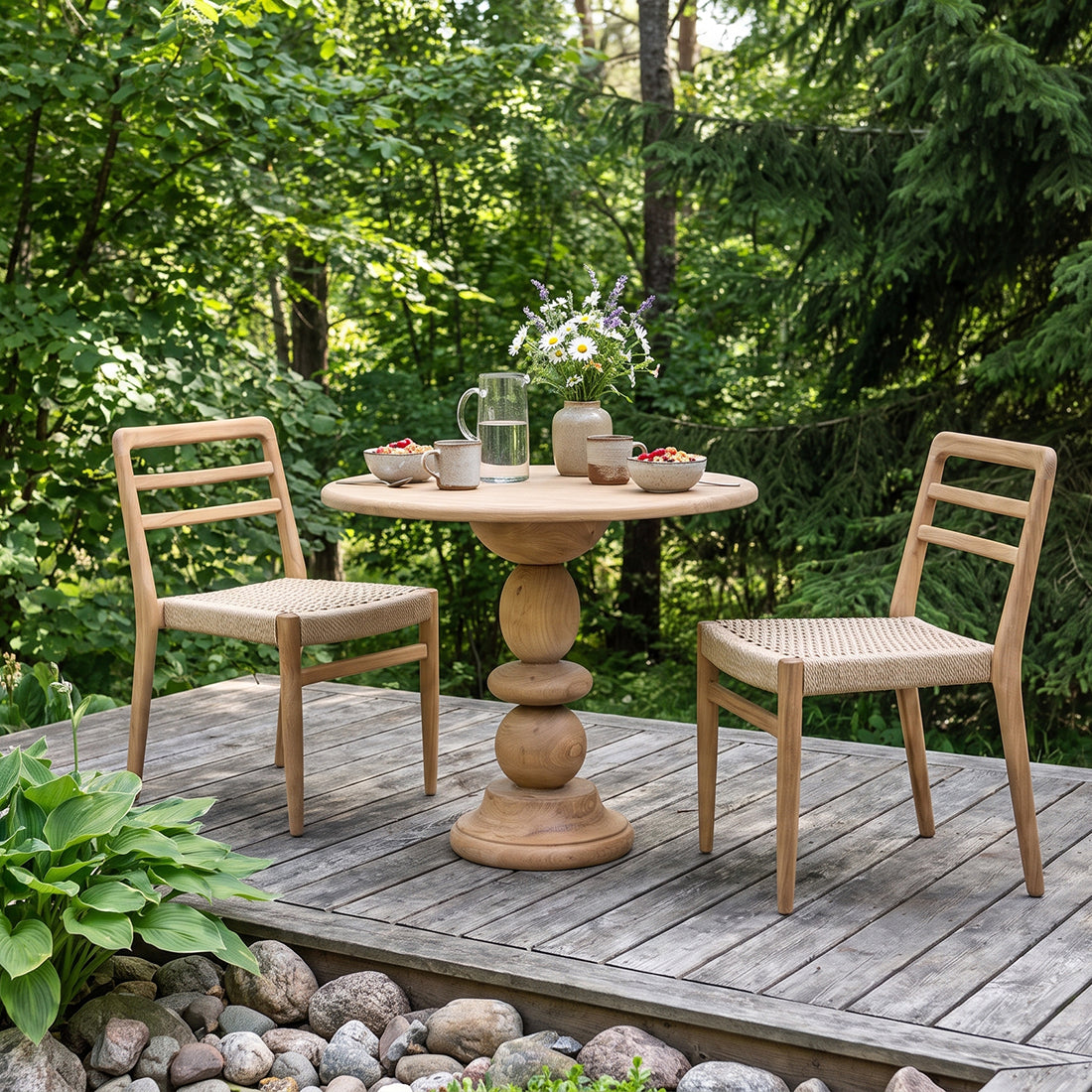 Pair of Verano teak dining chairs with armrests by Raw Materials, showcasing sleek wooden design and comfort features.