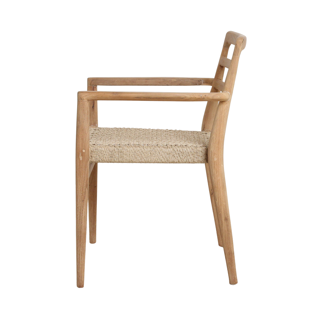 Set of two Raw Materials Verano teak dining chairs with armrests, showcasing sleek wooden design and comfortable seating.