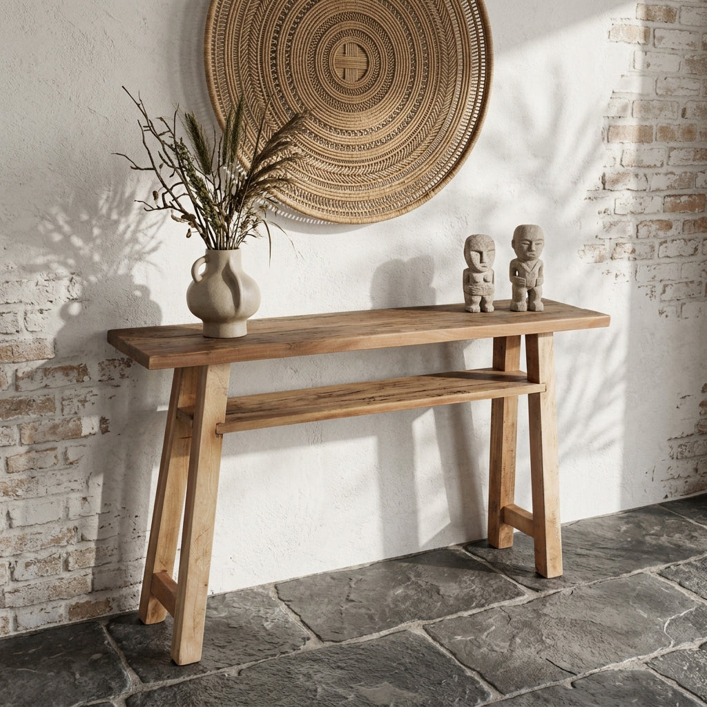 Raw Materials Farmwood Console Table showing a sleek wooden surface with tapered legs in a modern design.
