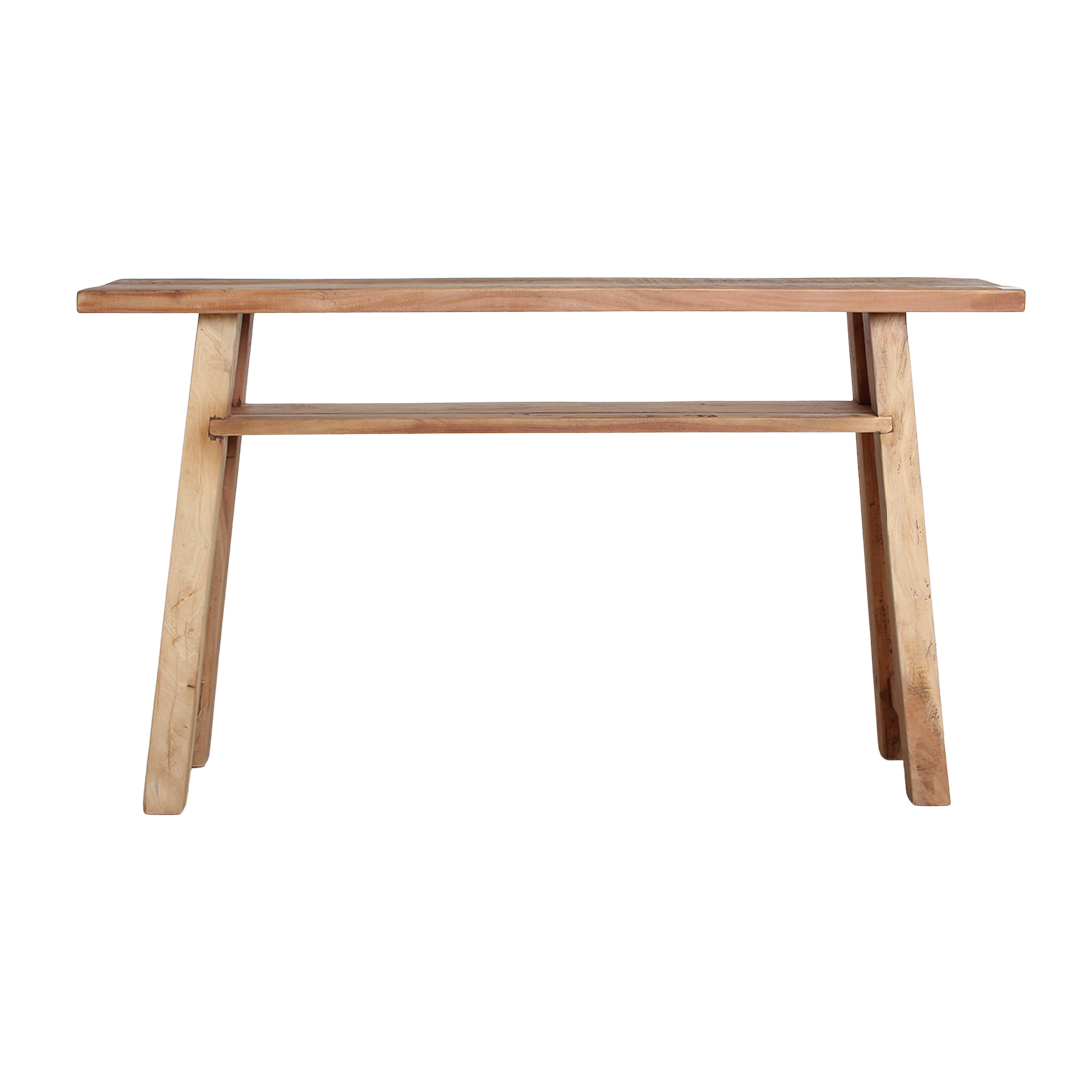 Raw Materials Farmwood console table with wooden surface and sleek metal legs, modern design for entryway or living room.