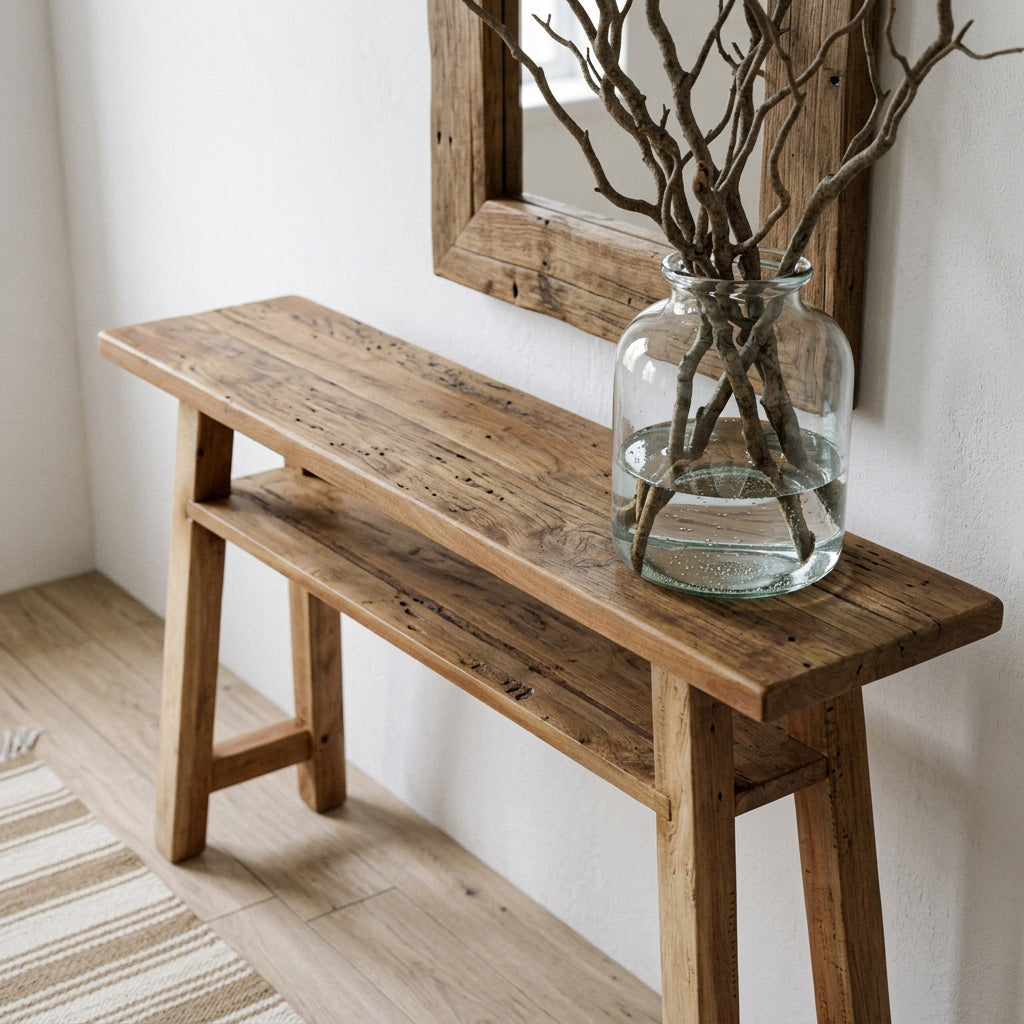 Raw Materials Farmwood Console Table with wooden surface and sturdy legs, ideal for entryways or living room decor.