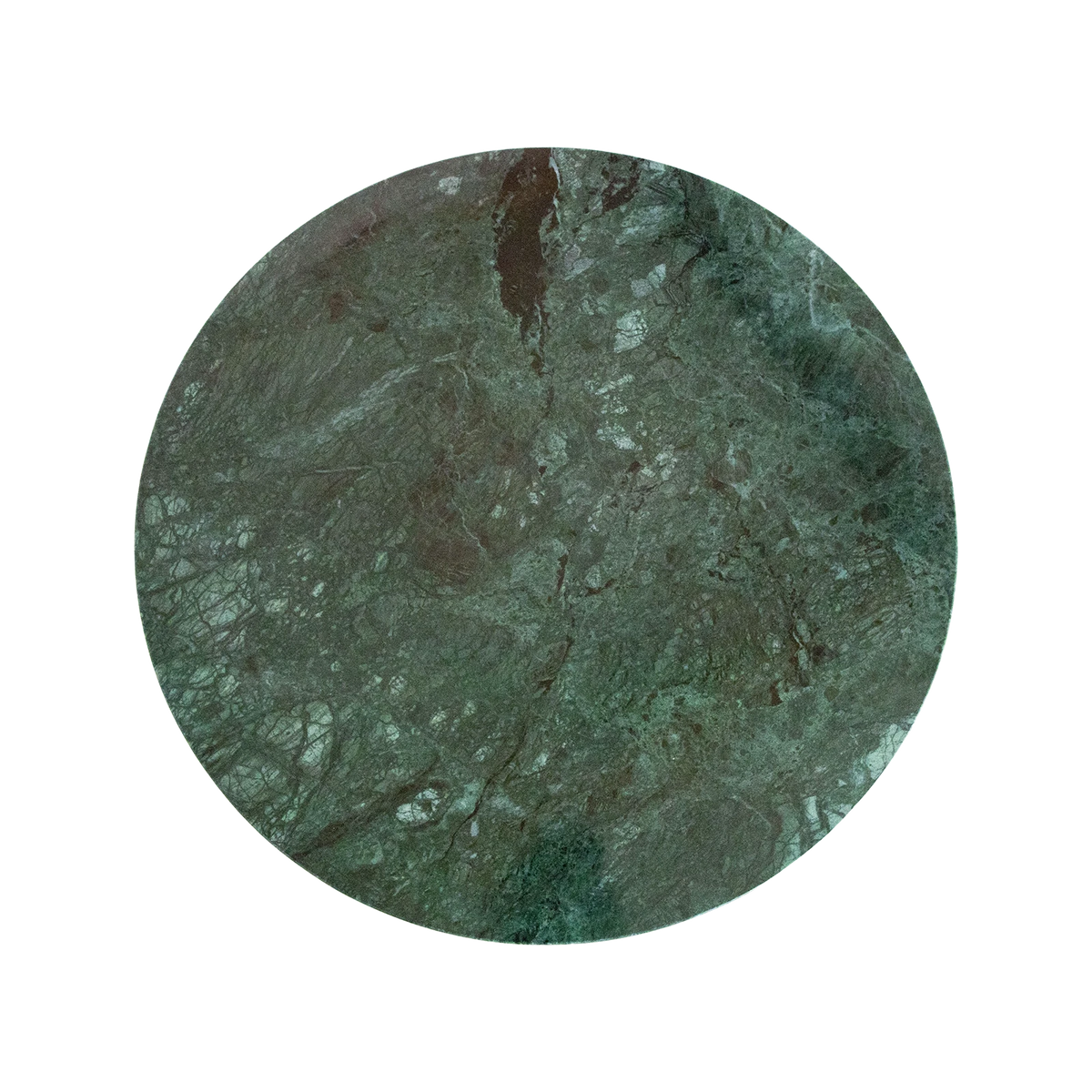 Green marble side table by Raw Materials, showcasing a sleek round surface and modern design for living room decor.