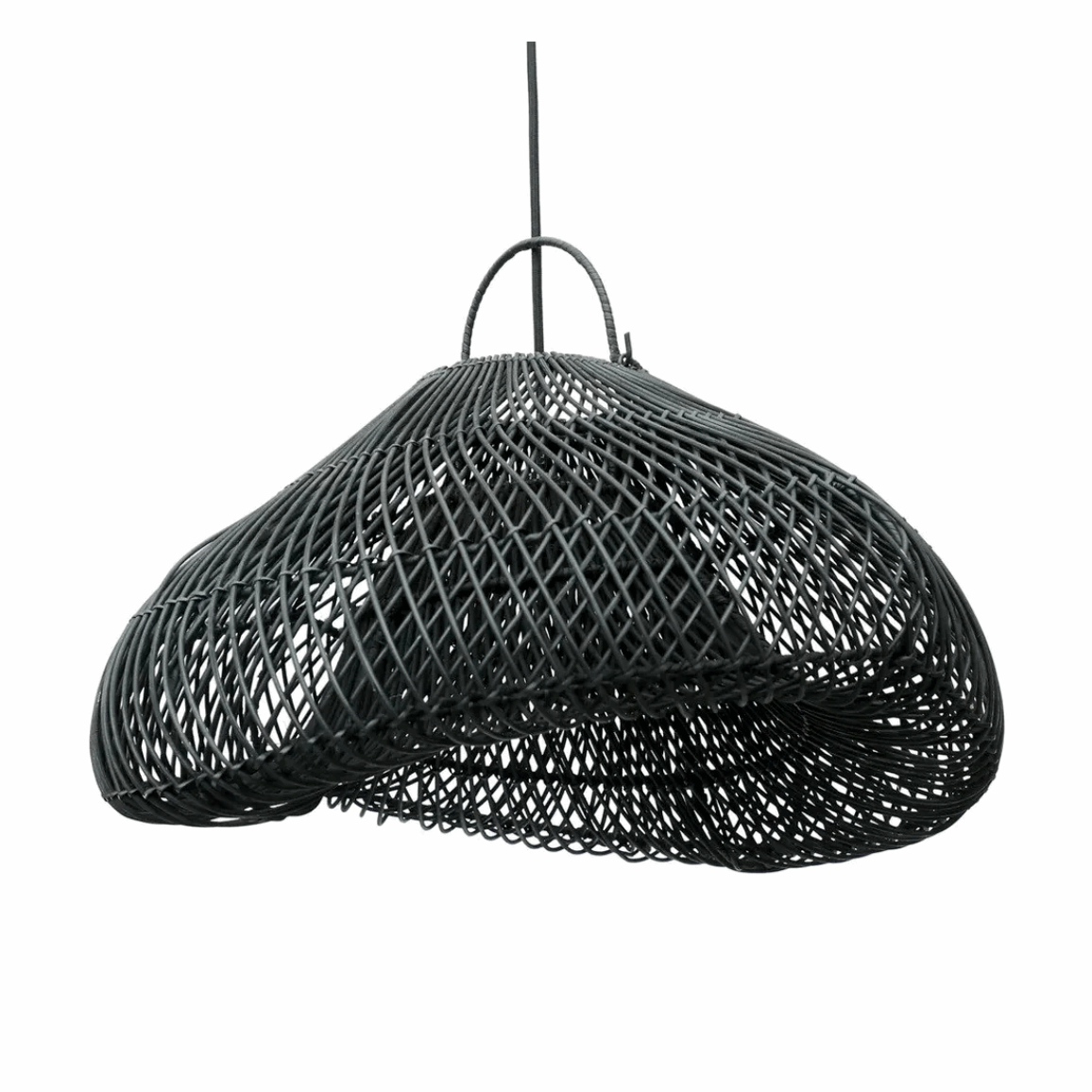 Black woven pendant light on a white background