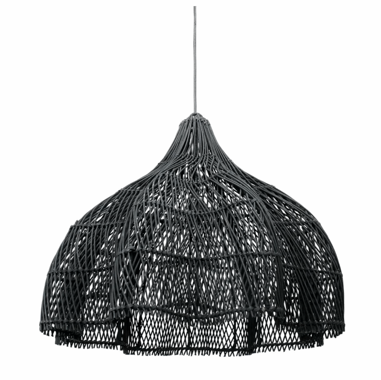 Black woven pendant light on a white background
