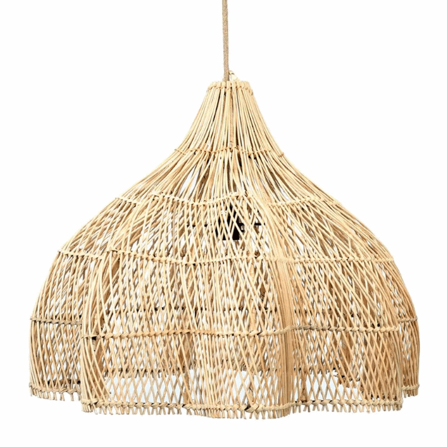 Woven rattan pendant light on a white background