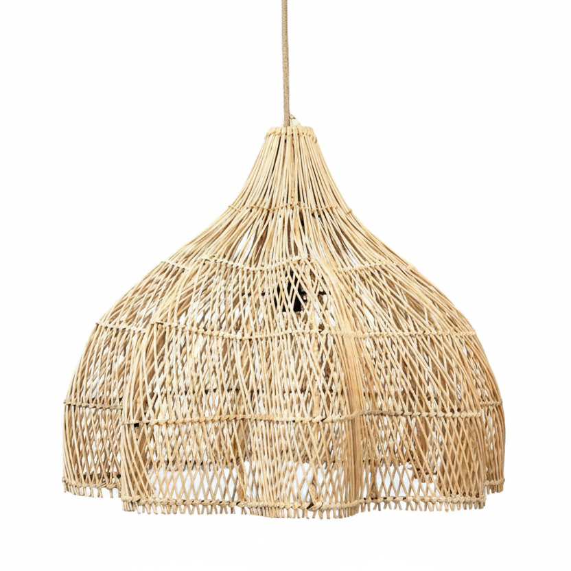 Woven rattan pendant light on a white background