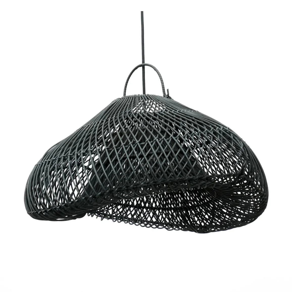 Black woven pendant light on a white background