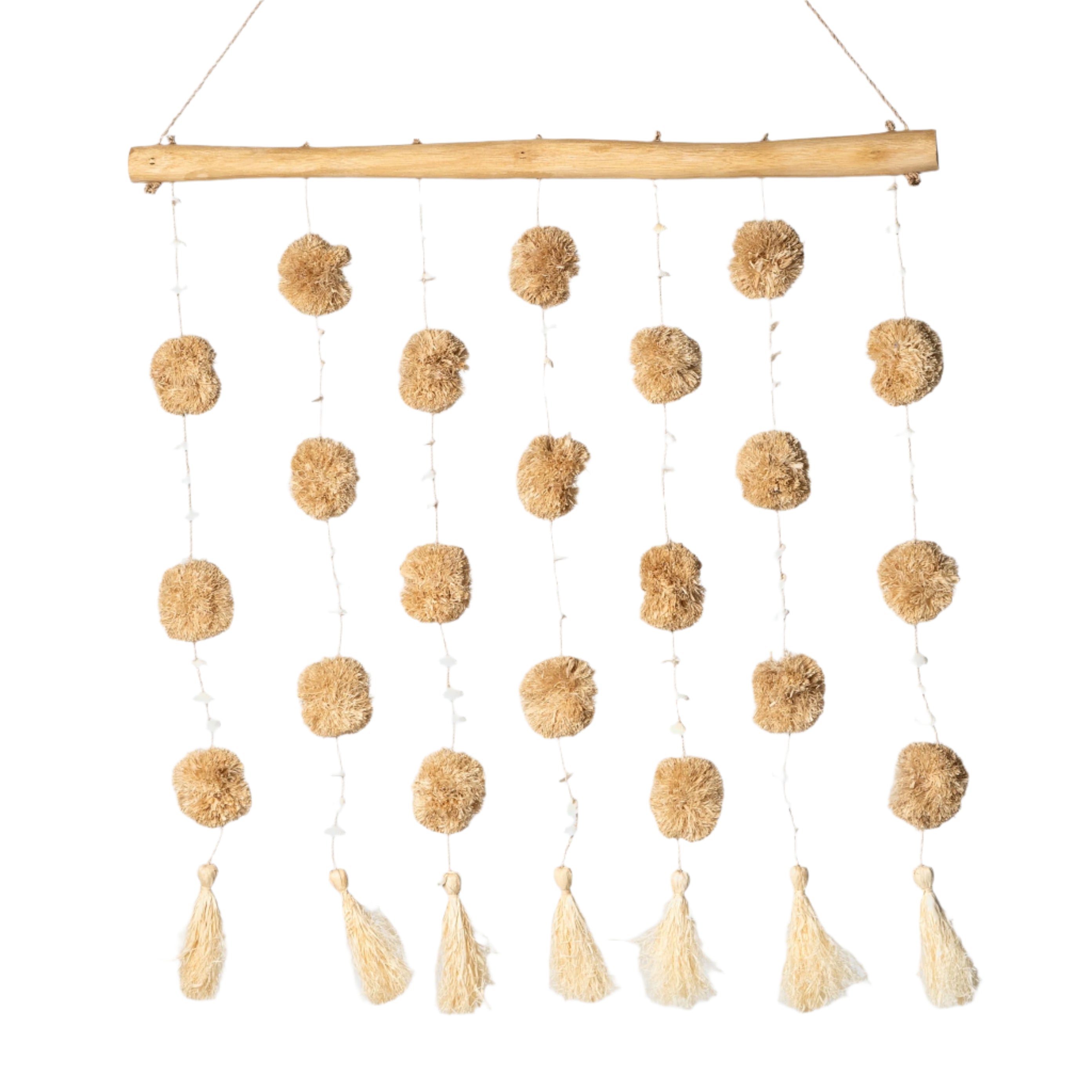 A wall-mounted decoration featuring a wooden frame and an array of beige and brown pom poms.